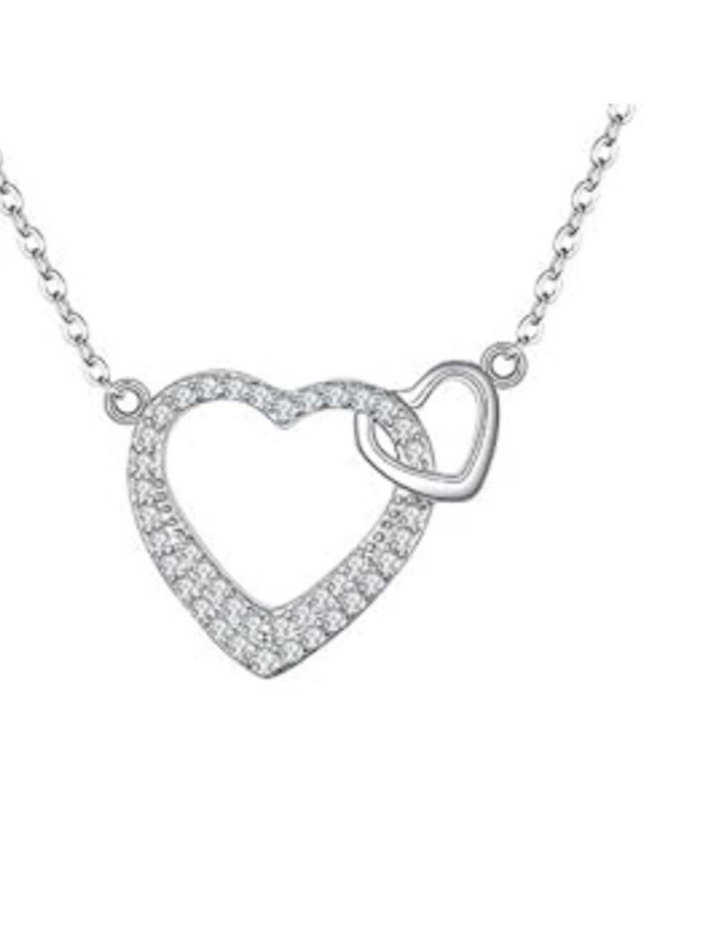 New Sterling Silver CZ  Double Heart Pendant Necklace
